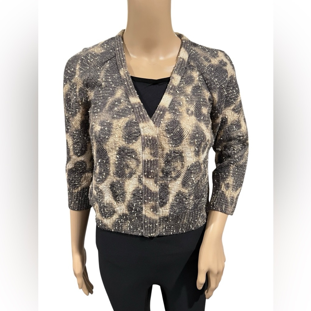 St. John Couture Cardigan Womens Animal Print Button Knit Sweater V Neck Size P